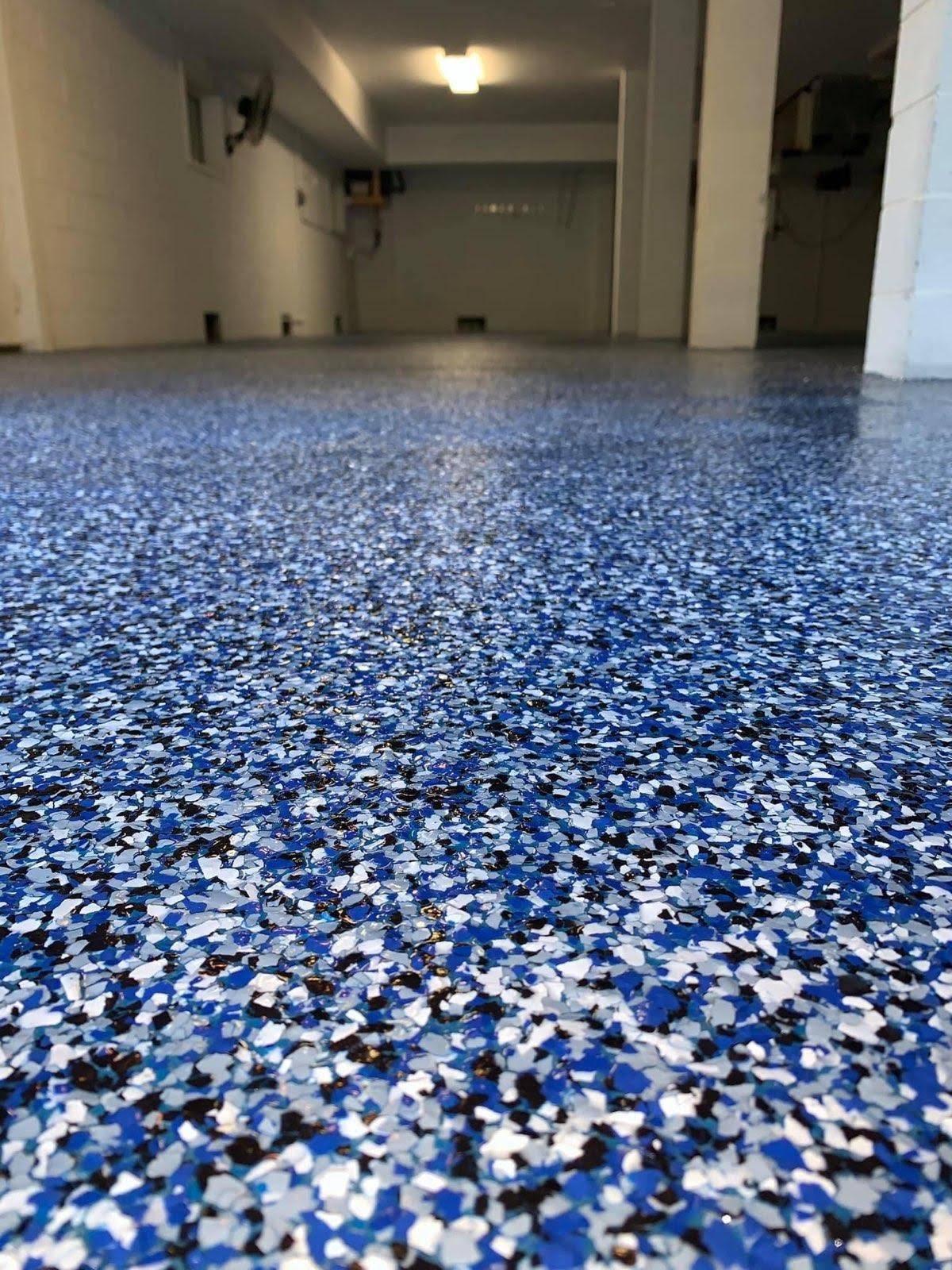 Blue flake epoxy flooring closeup in Savannah GA