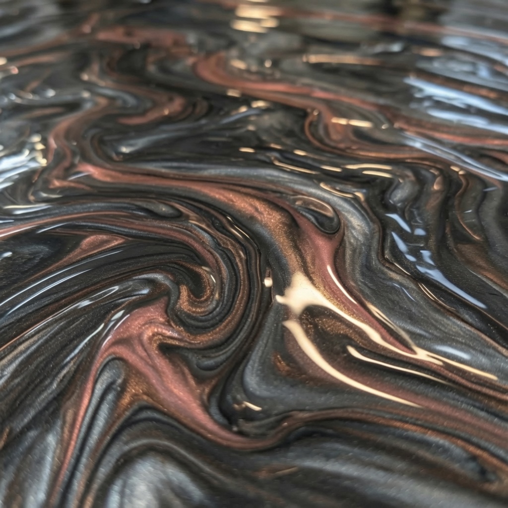 Copper and black metallic epoxy floor with swirl pattern in Savannah, GA